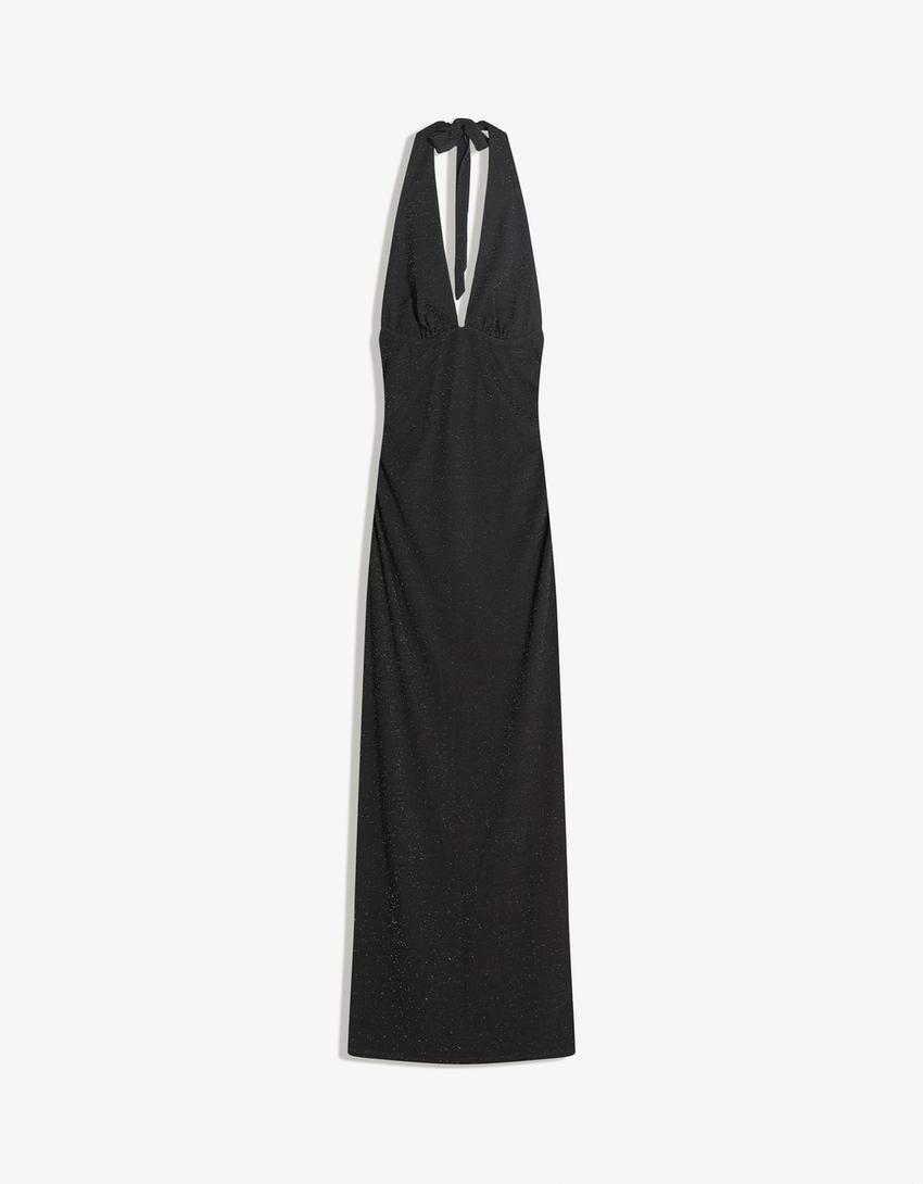 Shimmery halter neck midi dress-Black
