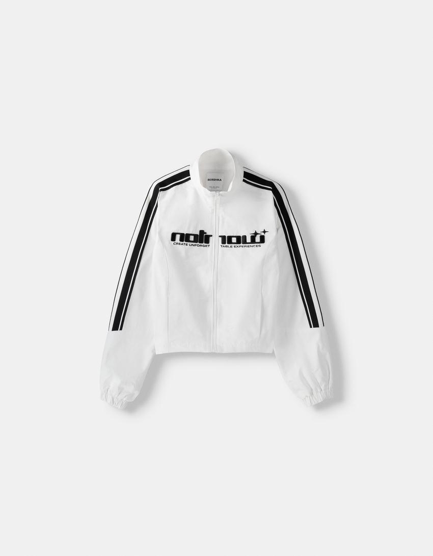 Kolları şeritli naylon ceket-Krem-4