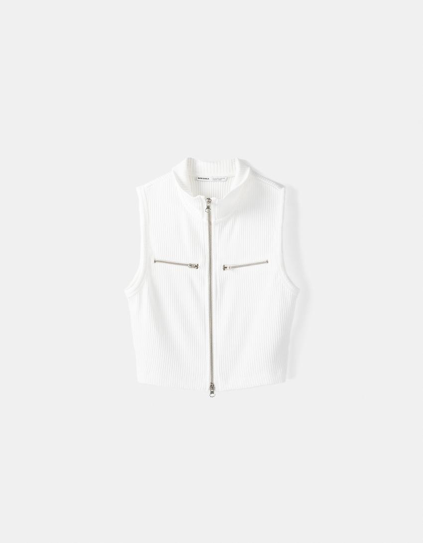 Cropped knit vest with a high neck and zip-Off white-4
