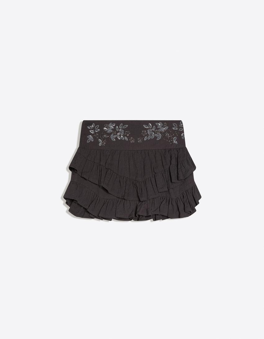 Falda mini volantes y cinturilla con brillos-Gris oscuro
