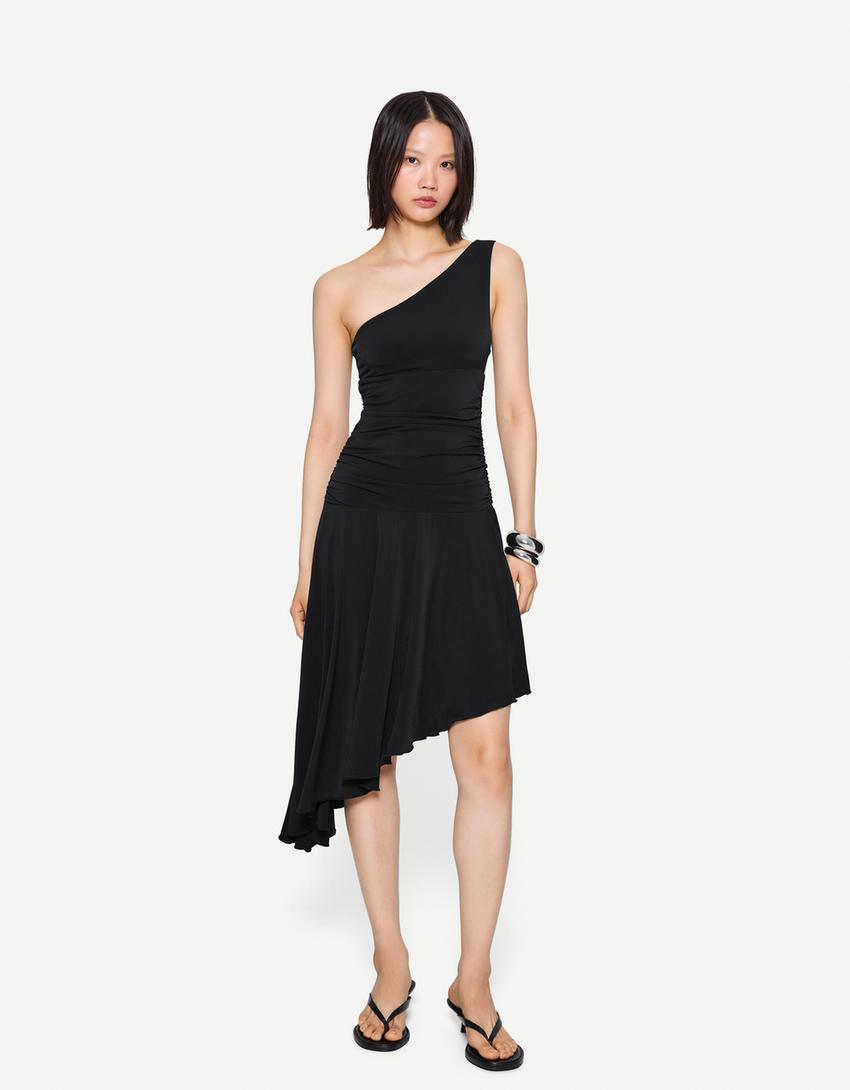 Asymmetric midi dress with ruffles-Black-0