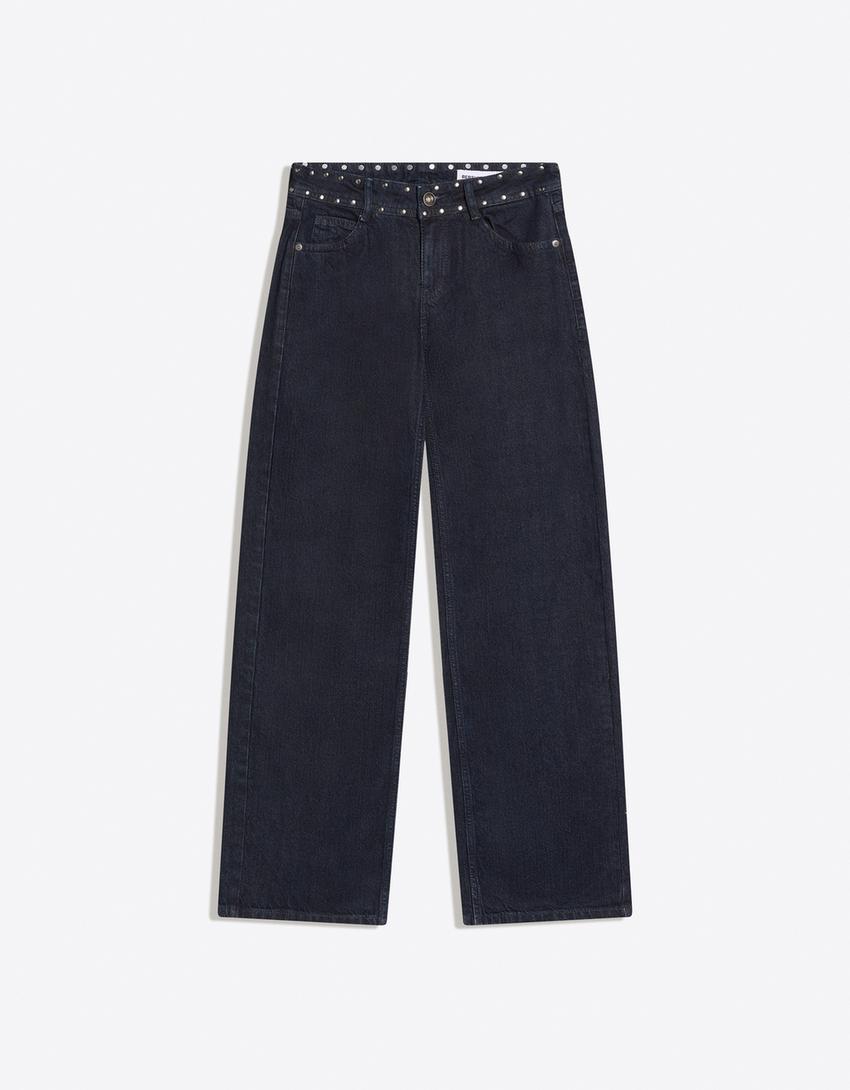 Jeans baggy low-rise dengan stud-Navy