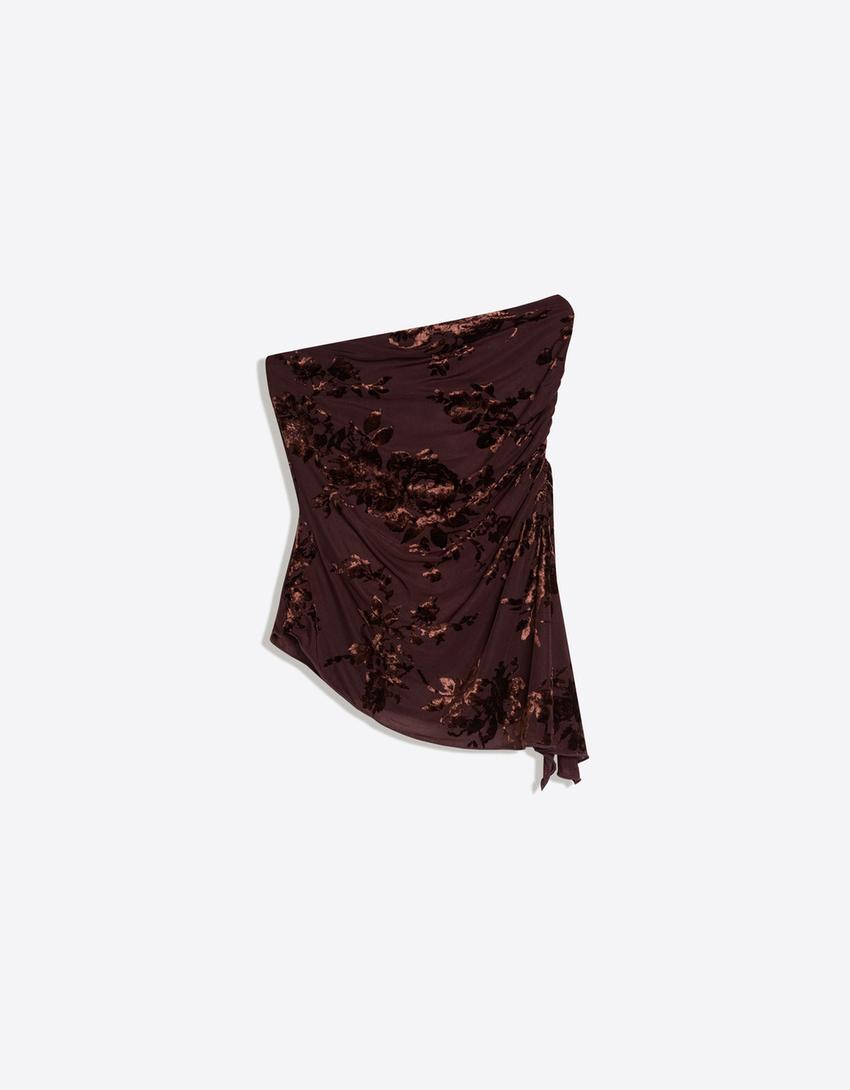 Asymmetric velvet print bandeau top with ruching-Brown