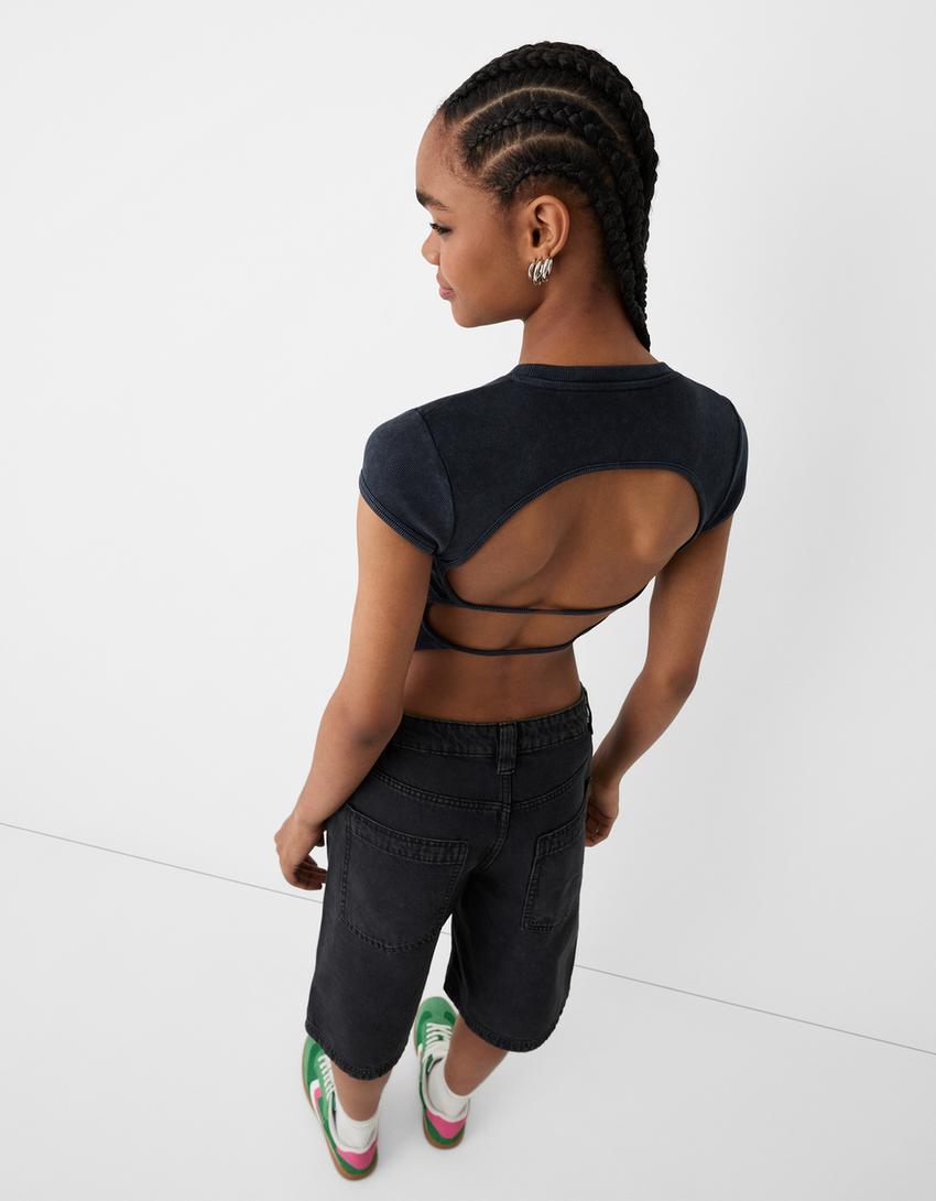 T-shirt manga curta estampado tiras costas-Preto-2