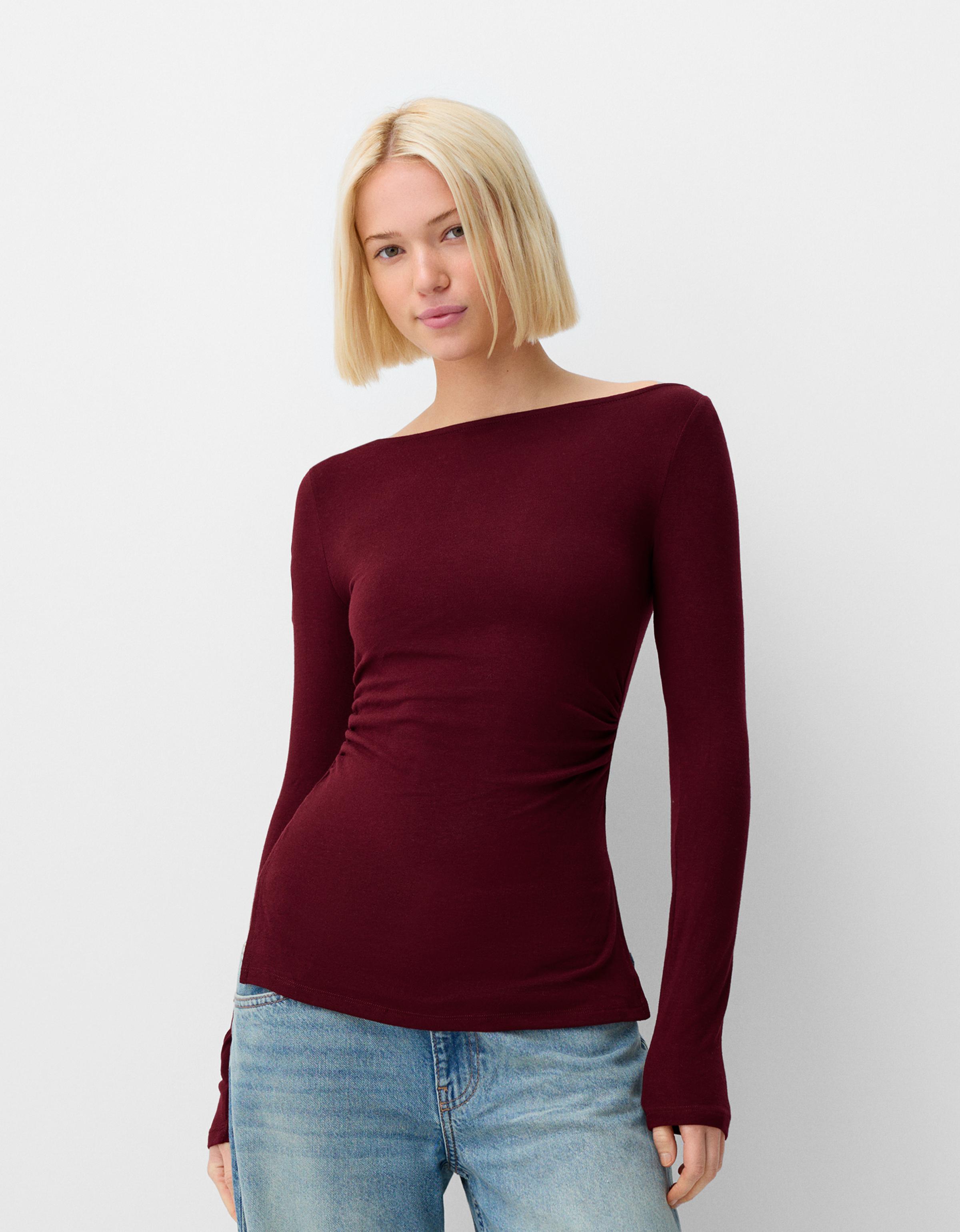 Bershka Langarmshirt Mit Raffung Damen M Bordeaux