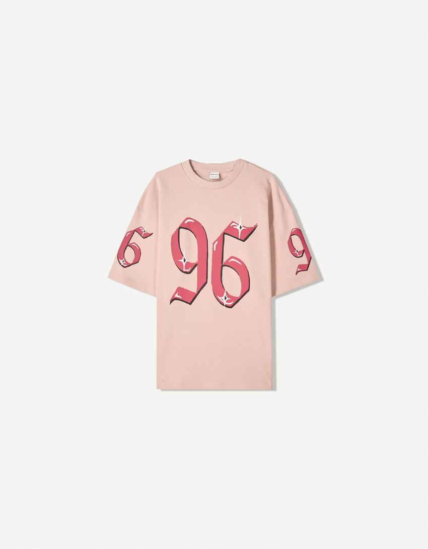 T-shirt de manga curta de felpa com estampado-Rosa