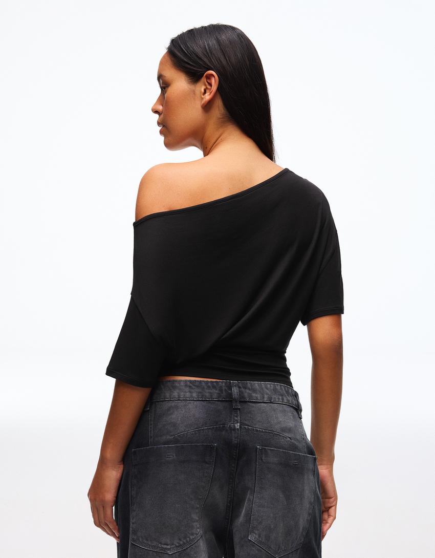 Asimetrik kısa kollu tişört-Siyah