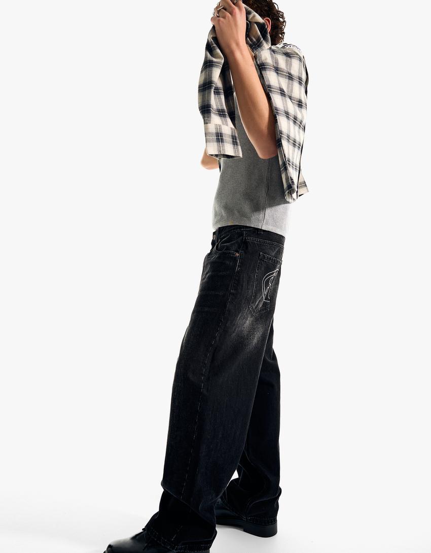 Jeans barrel fit brodé-Noir