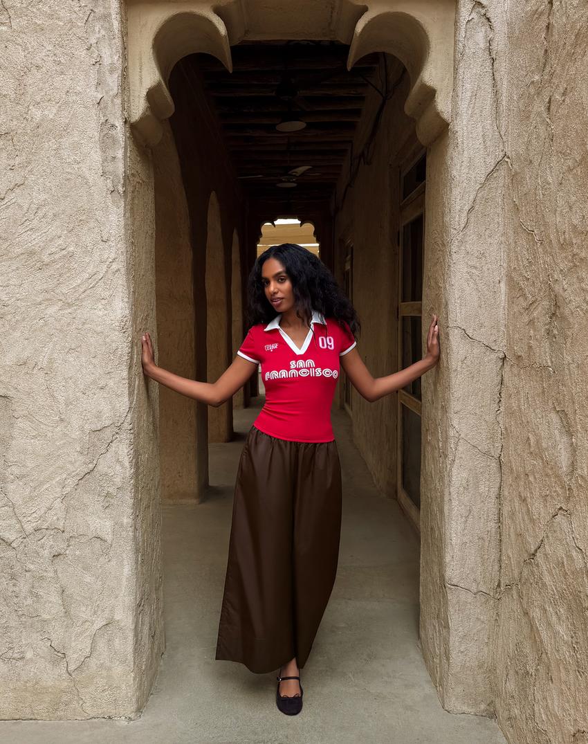 بنطلون واسع وقصير بوبلين-بني