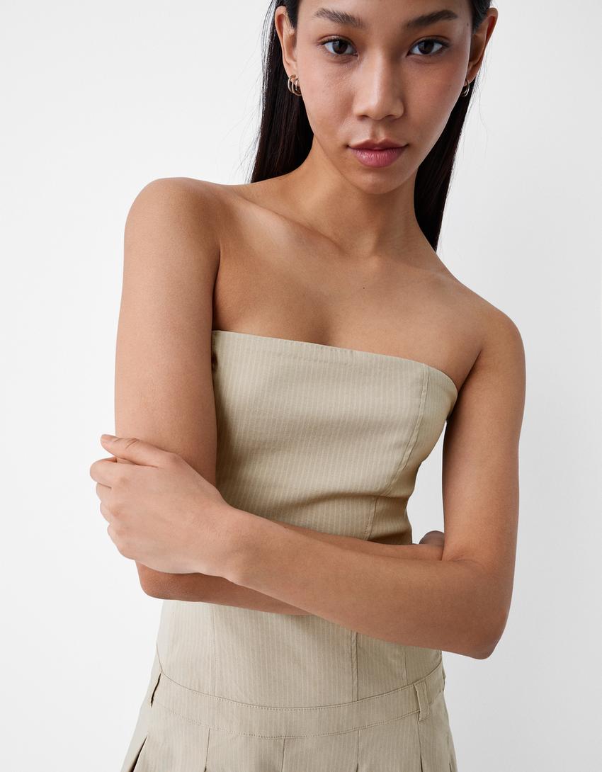 Short dress with box pleats-Sand-3