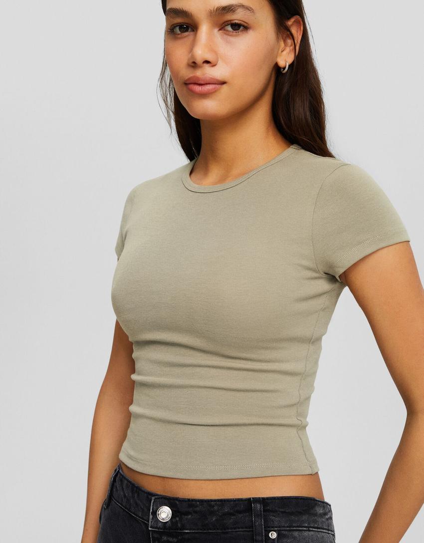 Short sleeve crew neck T-shirt-Khaki-2