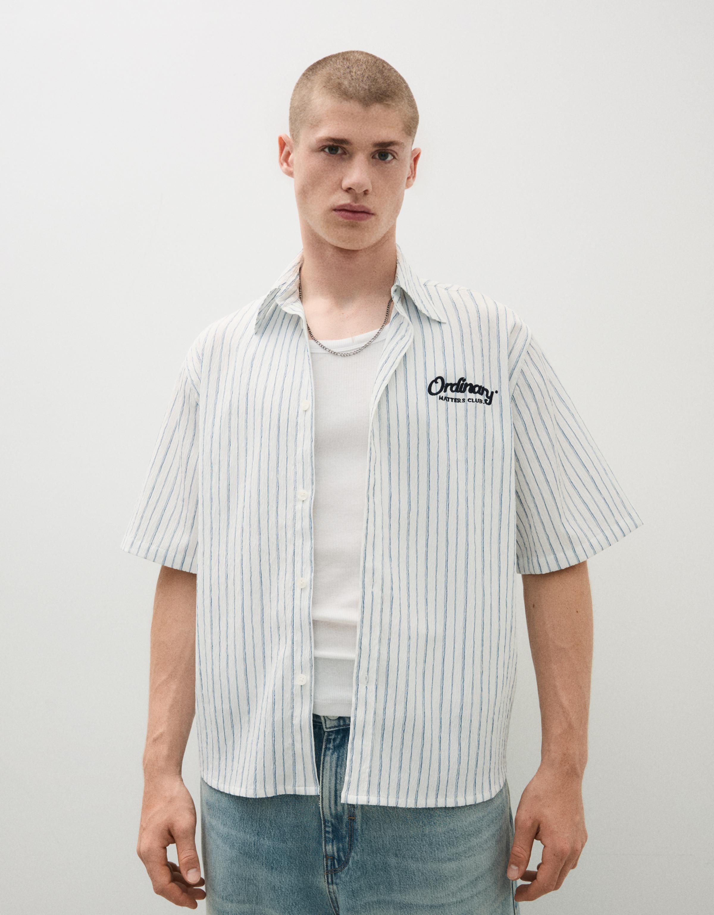 Bershka Camisa Manga Corta Rayas Print Hombre Blanco