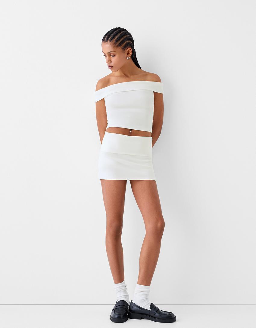 Kısa kollu açık omuzlu t-shirt-Kirli beyaz-3