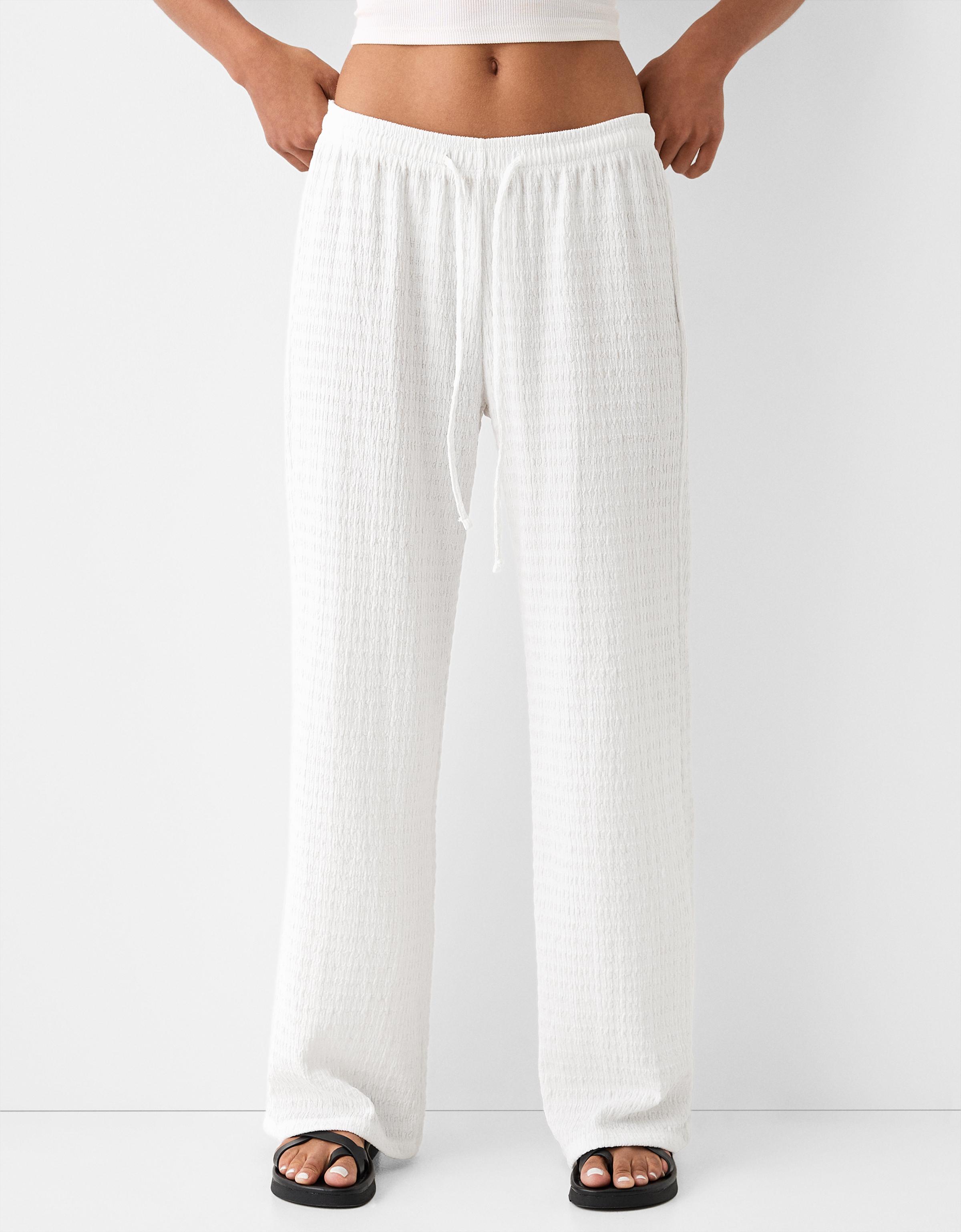 Bershka Straight-Leg-Hose Aus Waffelgewebe Damen Xs Grbrochenes Weiss