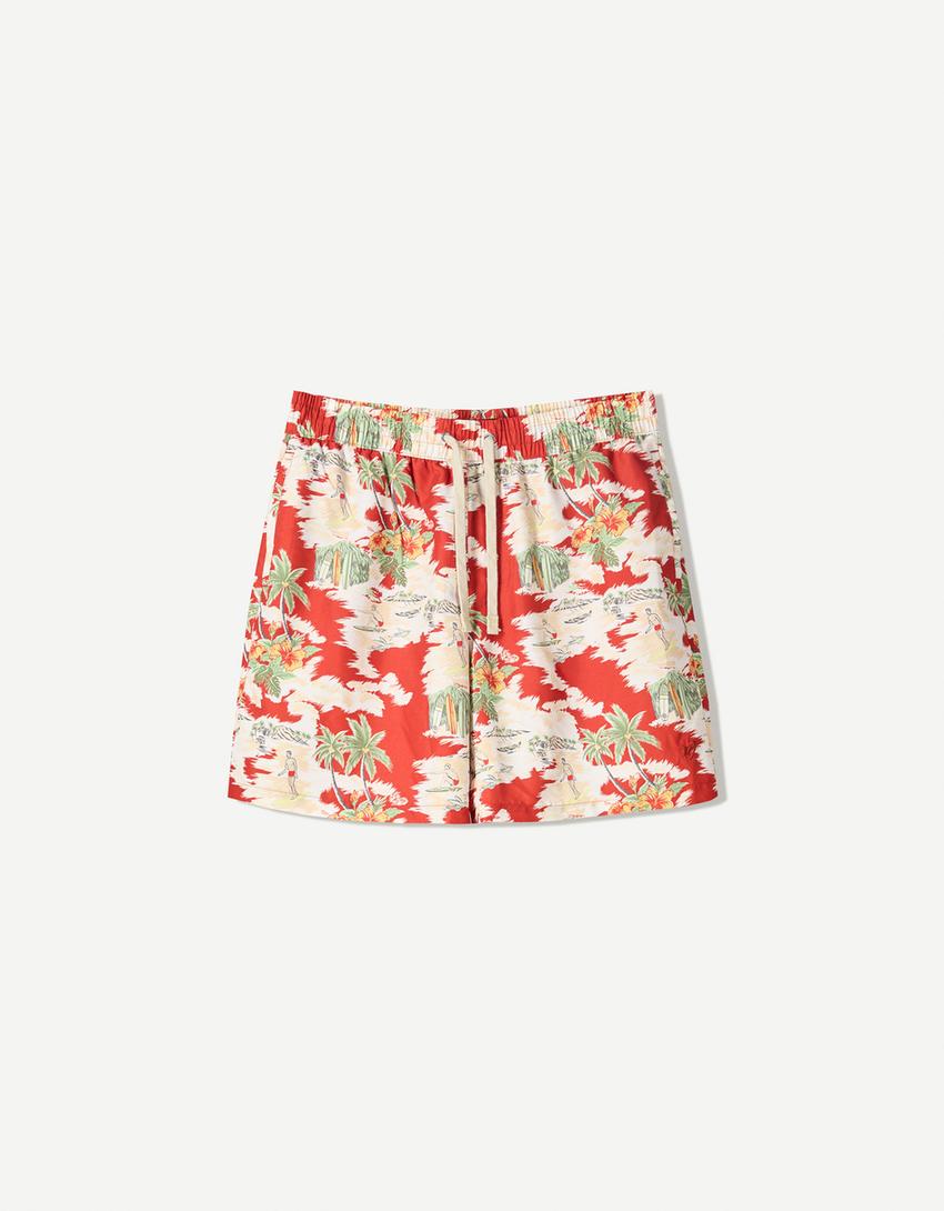 Costume lungo con stampa tropicale-Rosso
