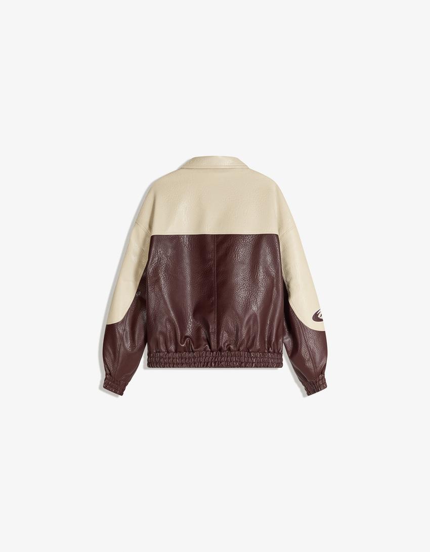 Cazadora efecto piel color block-Burdeos