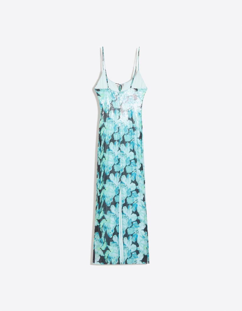 Strappy sequin midi dress-Turquoise