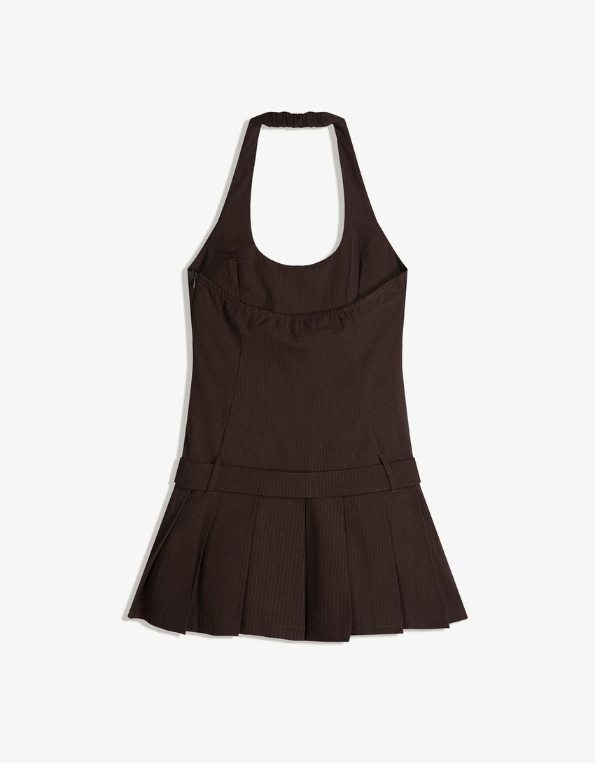 Halter mini dress with belt-Brown