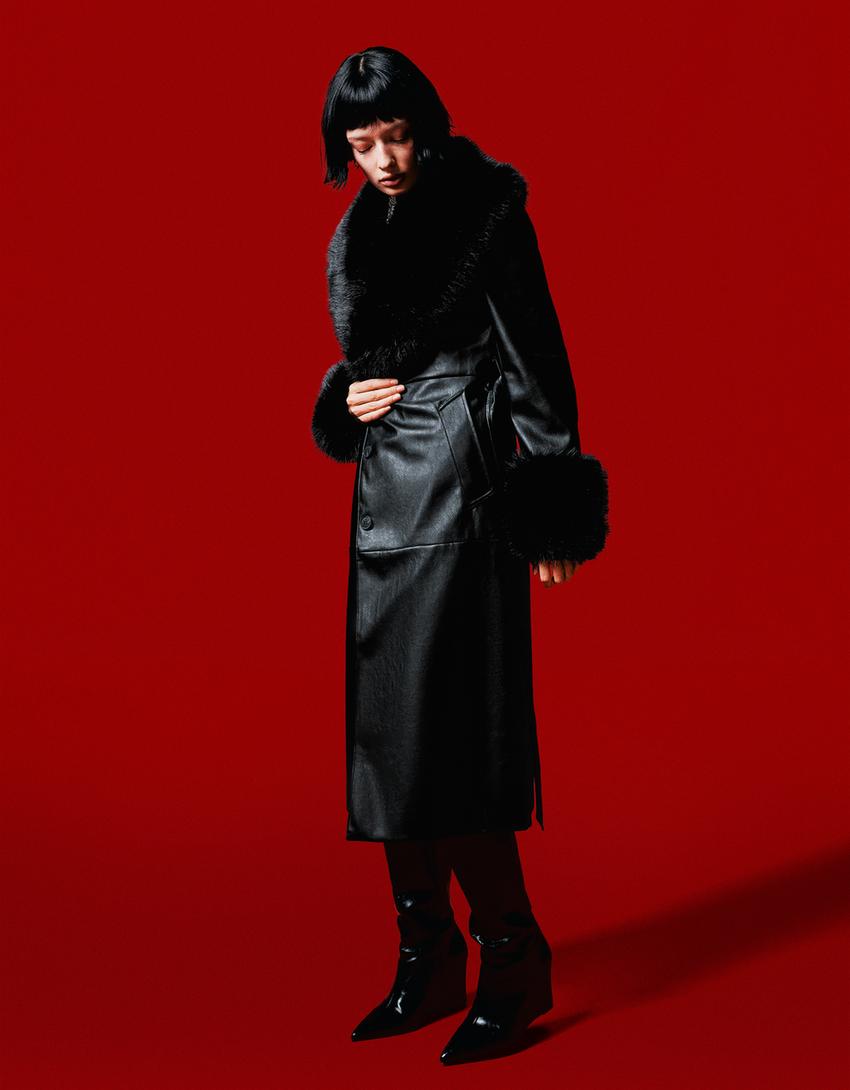 Manteau en similicuir et fausse fourrure-Noir