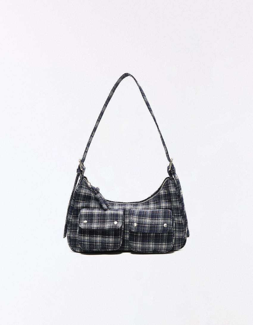 Check print multi-pocket bag-Navy