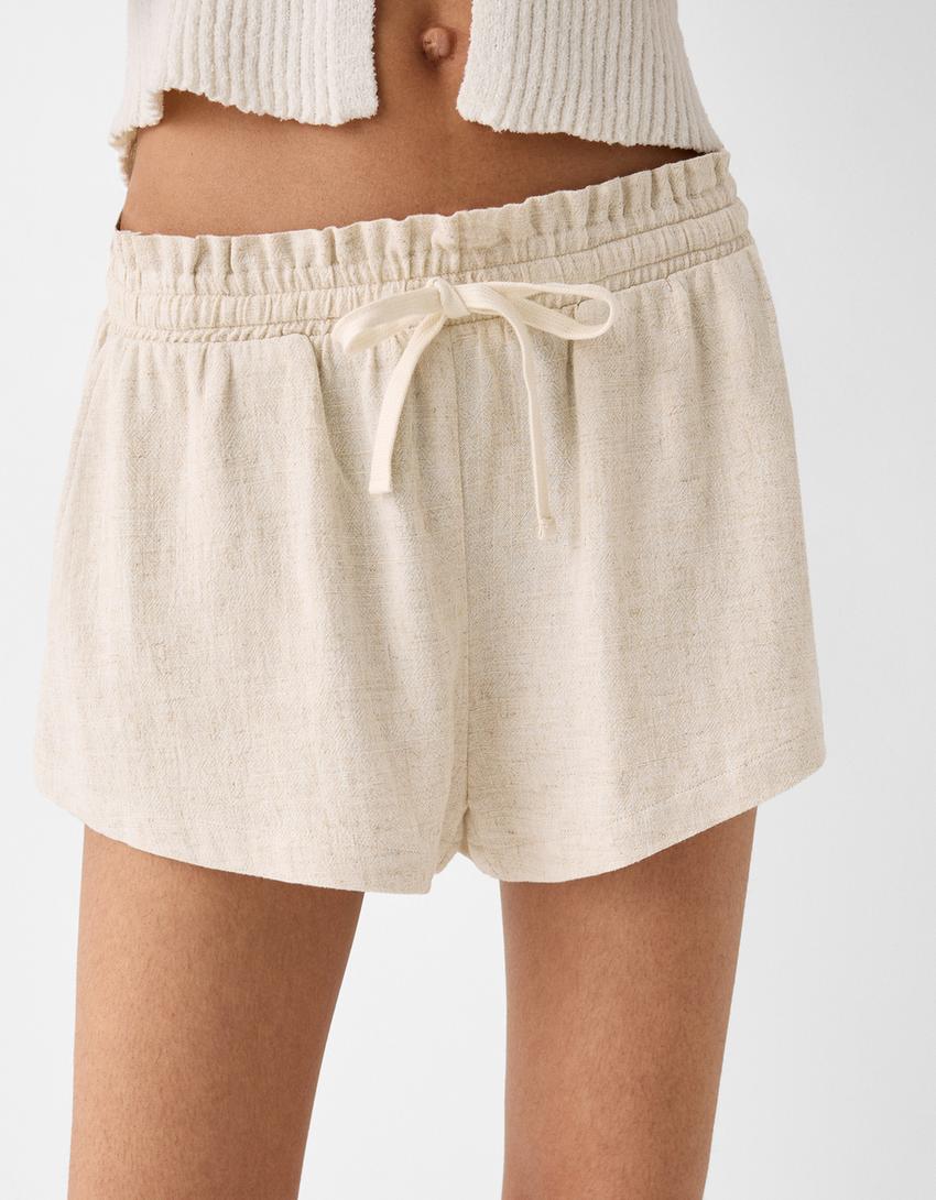Shorts with elasticated waistband and tie-Cream-3