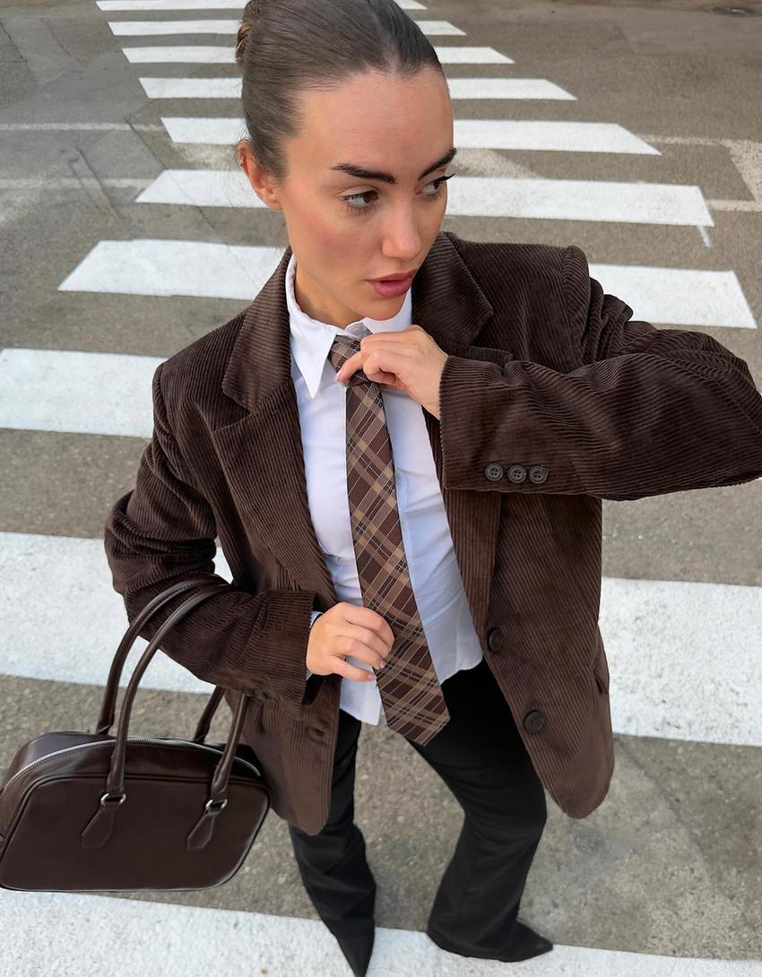 Fitilli kadife blazer-Kahverengi