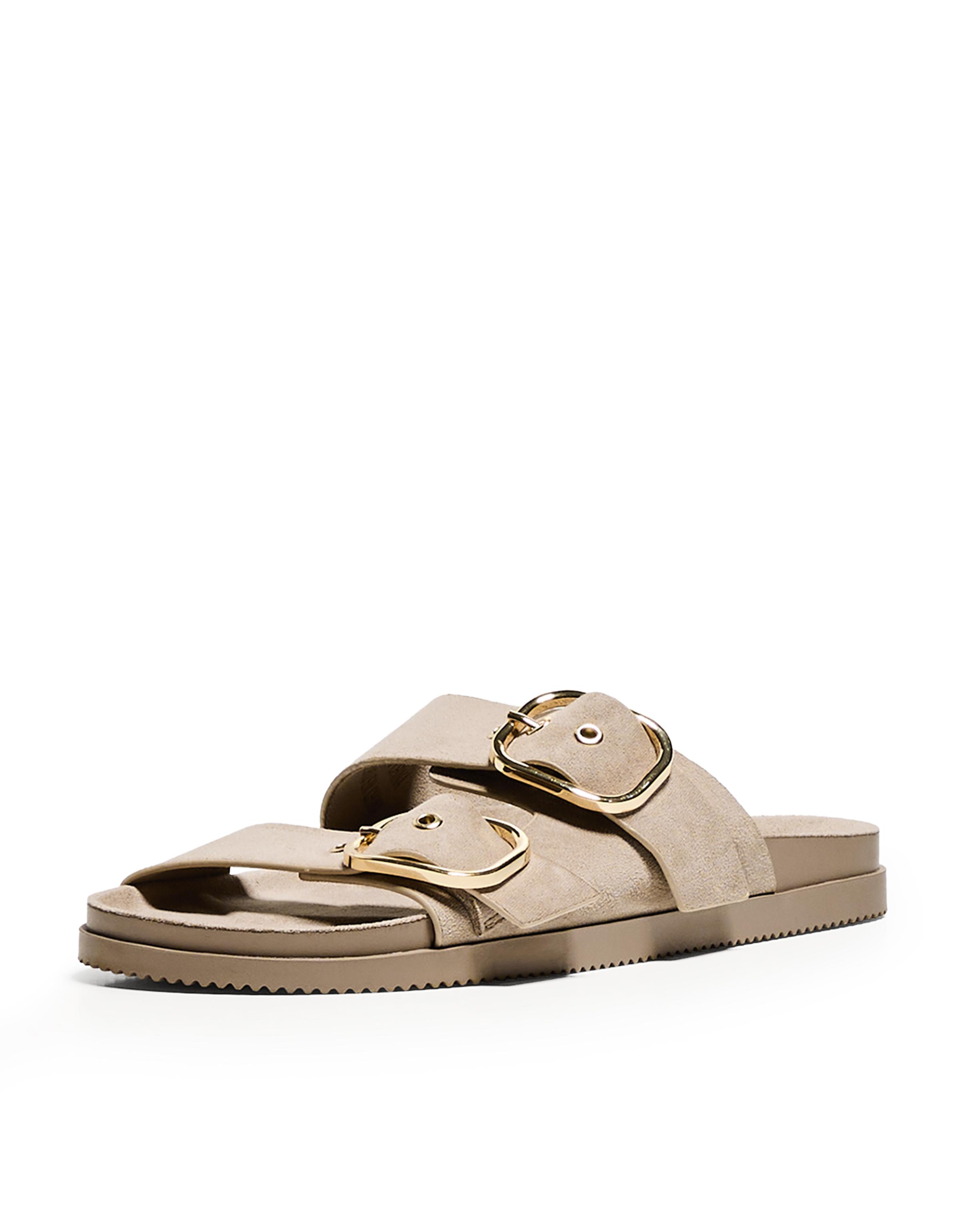 Buckled flat slider sandals — SAND