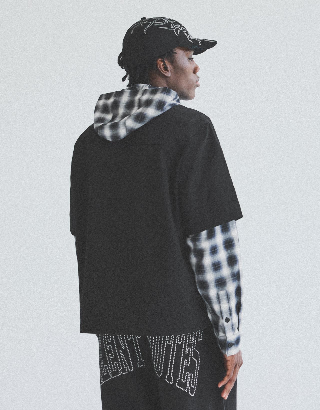 Checked double-sleeve shirt with hood — Black