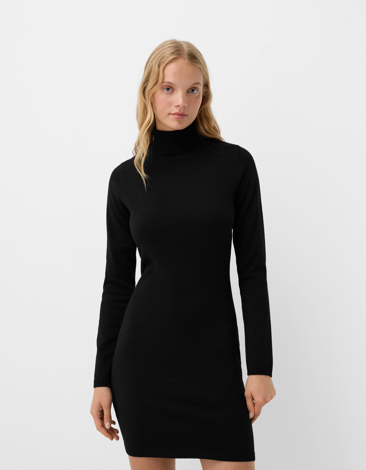 Bershka Vestido Mini Cuello Subido Mujer M Negro