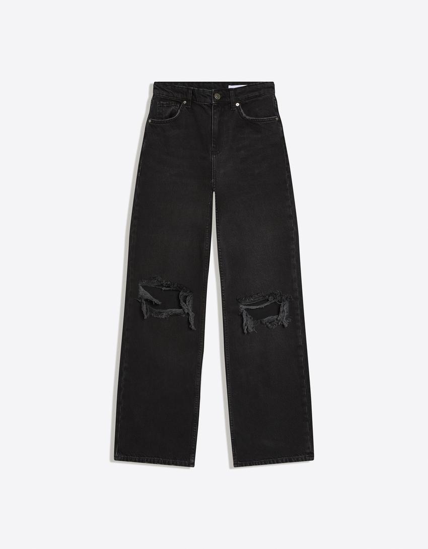 Jean wide leg taille haute déchiré-Noir