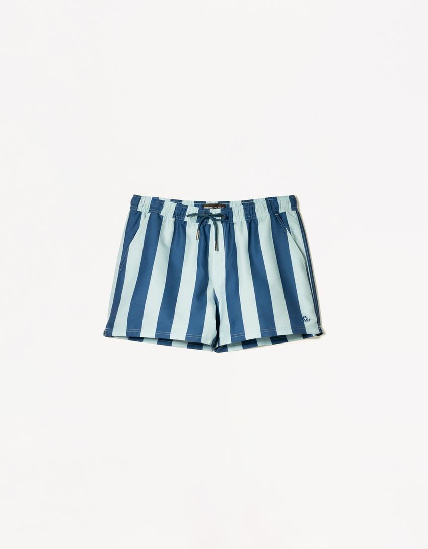 Striped print swimming trunks-Navy
