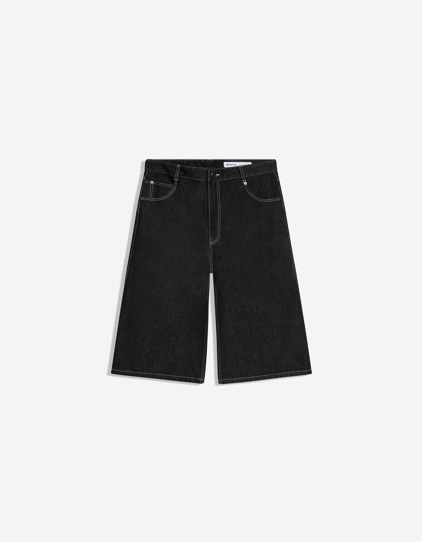 Super baggy denim Bermuda shorts-Black