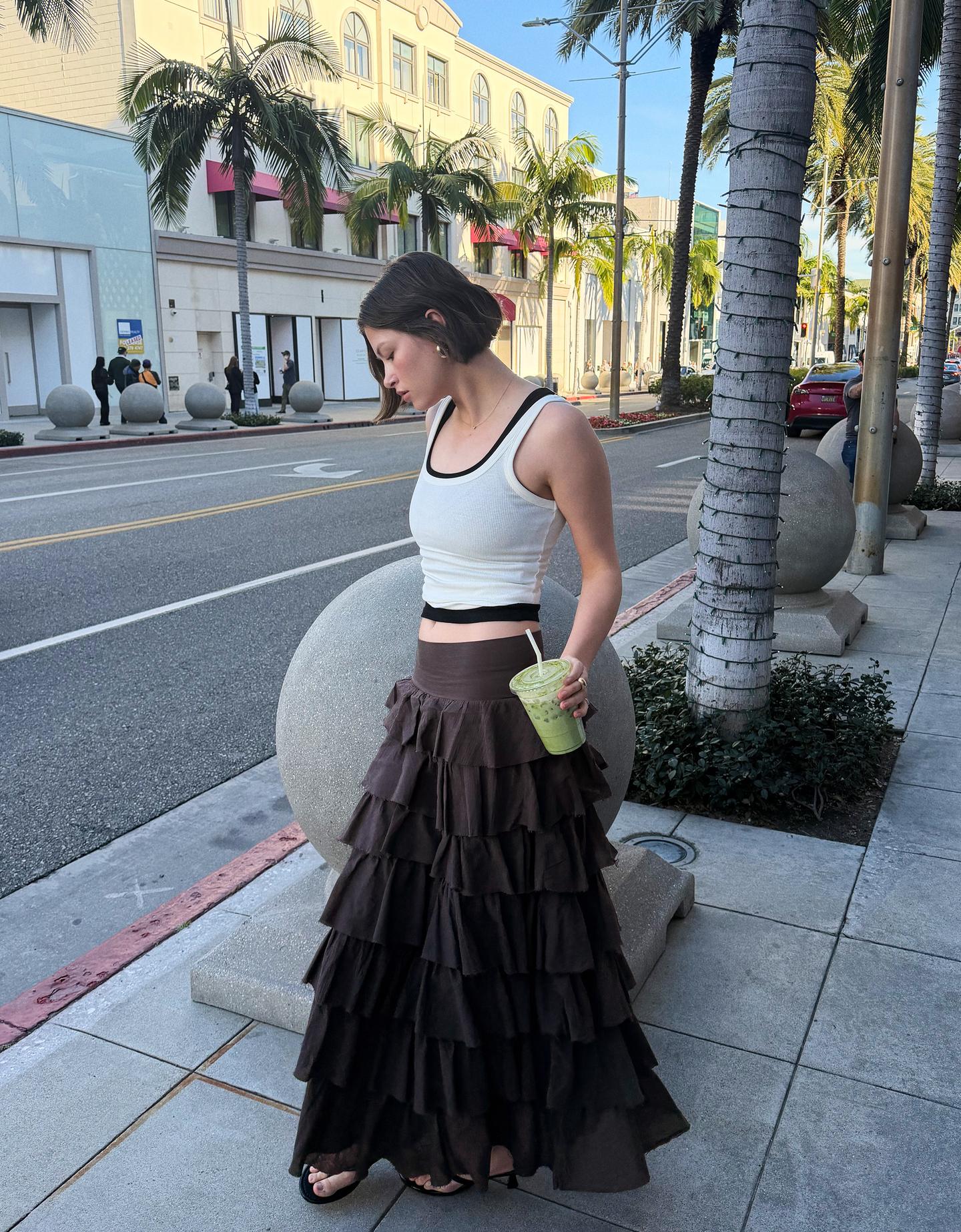 Bershka Falda Midi Volantes Rústica Mujer Gris Oscuro