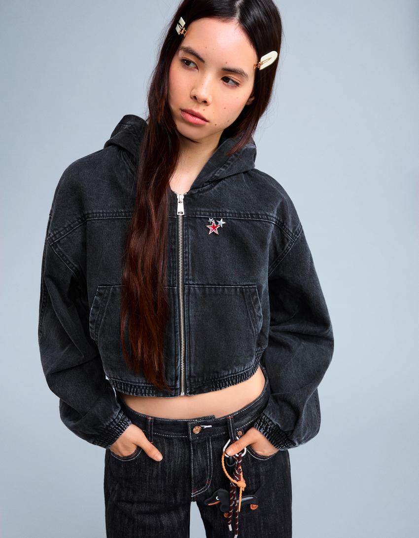 Denim jacket with zip-Black