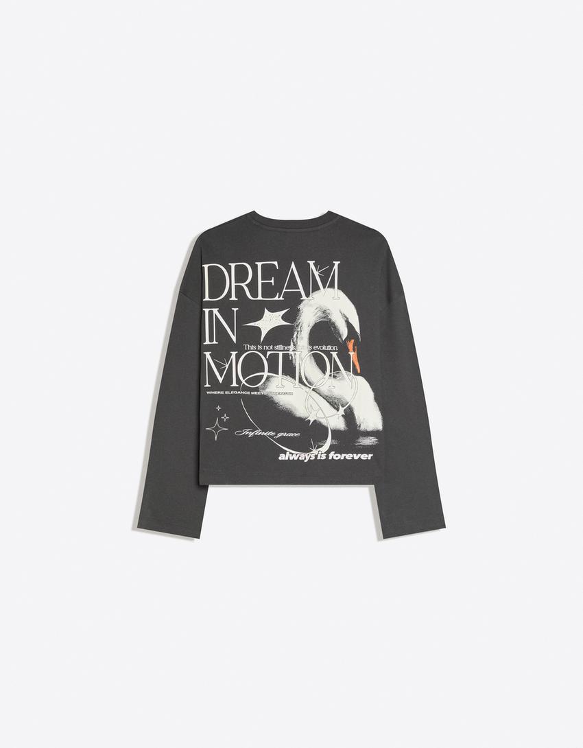 Oversize long-sleeve print T-shirt-Dark grey