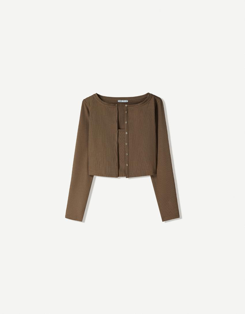 Strickjacke mit Top und Knöpfen-Camel-4