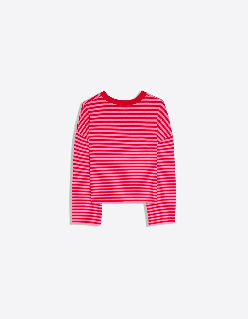 Striped long sleeve boxy T-shirt-Pink