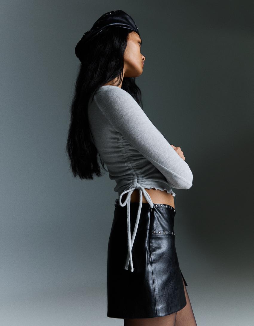 Asymmetric long sleeve ruched T-shirt-Grey