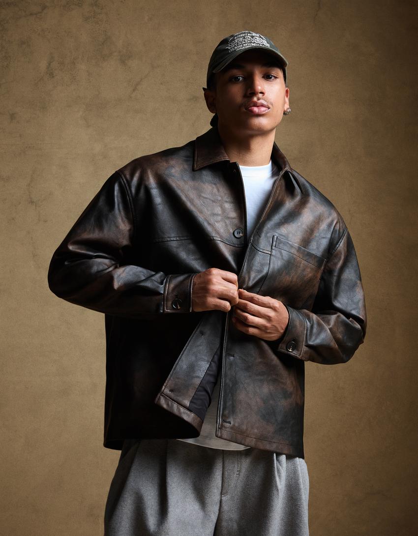 Leather effect boxy-fit overshirt-Brown