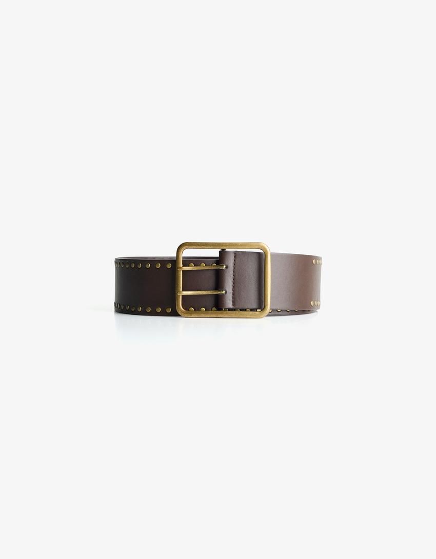 Brede riem met leereffect en studs-Bruin
