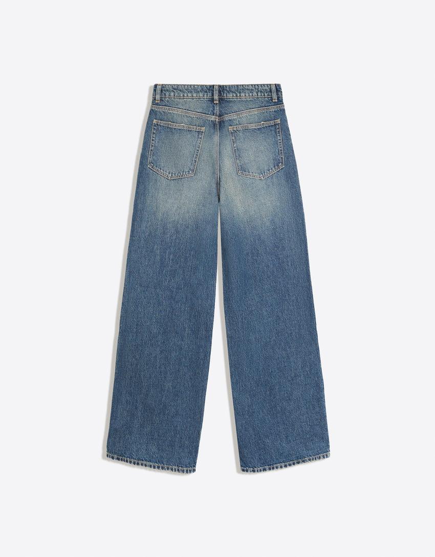 High-waist wide-leg vintage wash jeans-Light blue