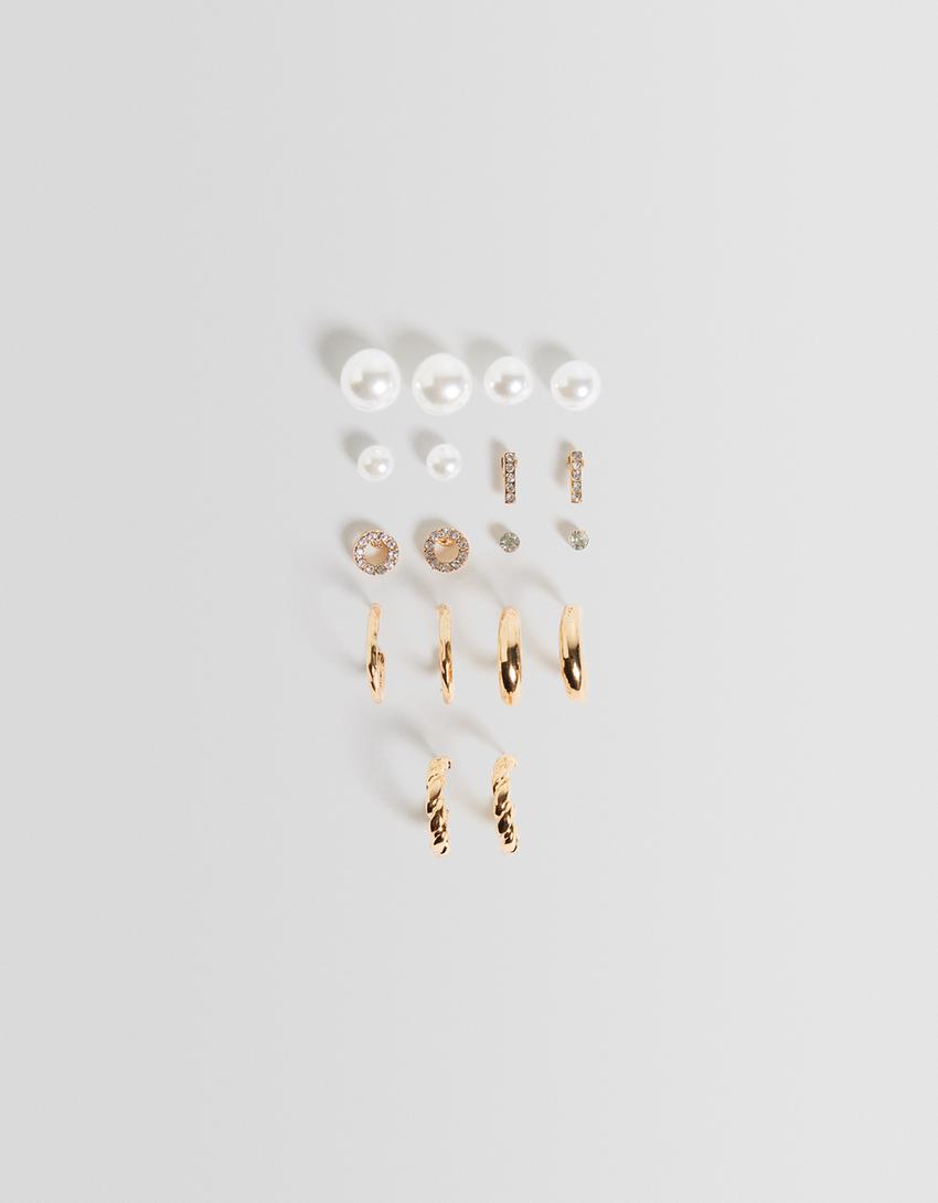 طقم من 9 عقود حلقية من اللؤلؤ الصناعي-ذهبي-4