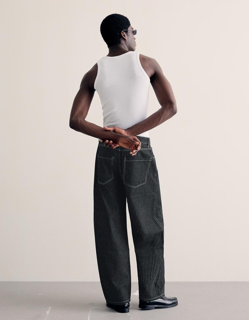 Striped barrel jeans-Navy