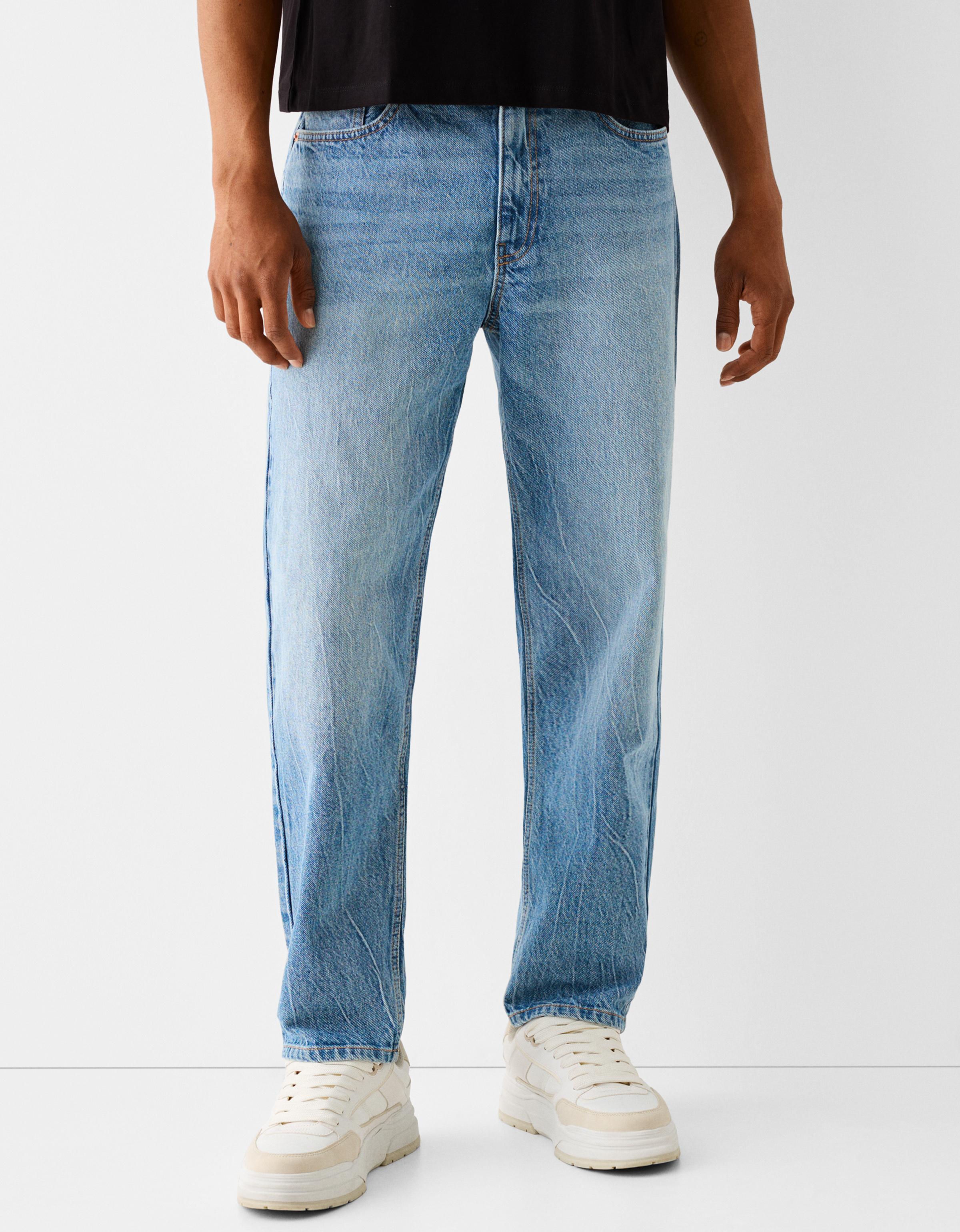 Bershka Straight Fit Jeans Herren 44 Ausgewaschenes Blau