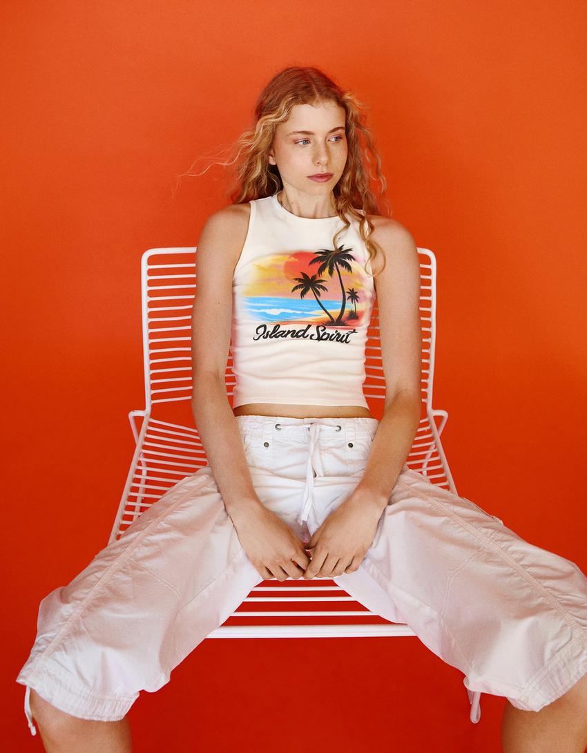 Ärmelloses Print-Shirt-Grbrochenes Weiss