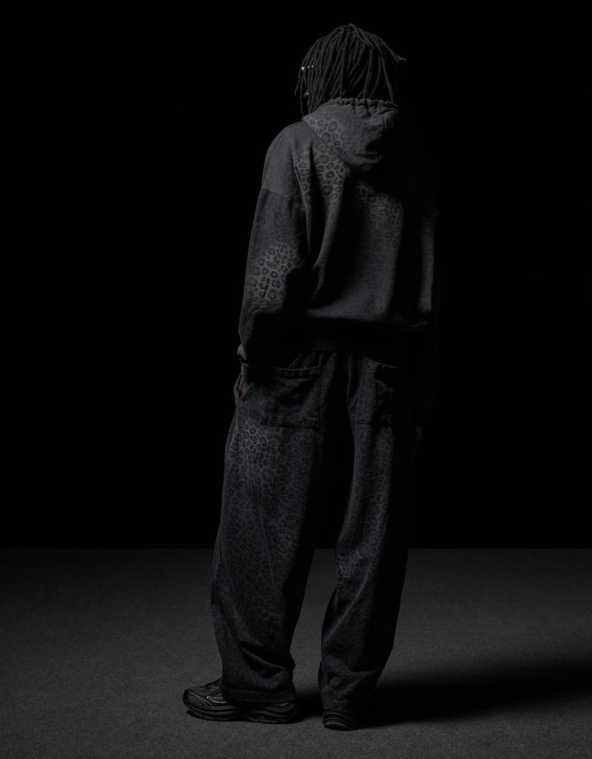 Zip-up print hoodie-Grey