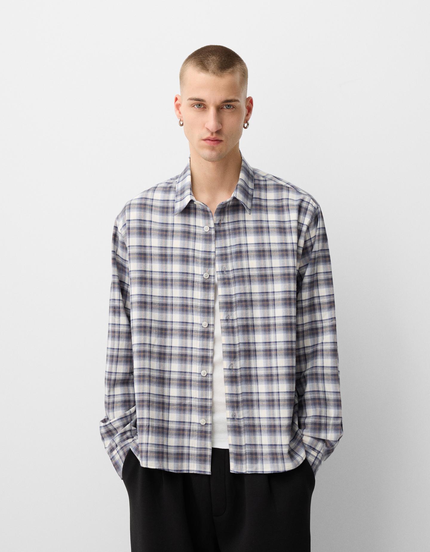 Bershka Camisa Manga Larga Boxy Cuadros Hombre L Gris