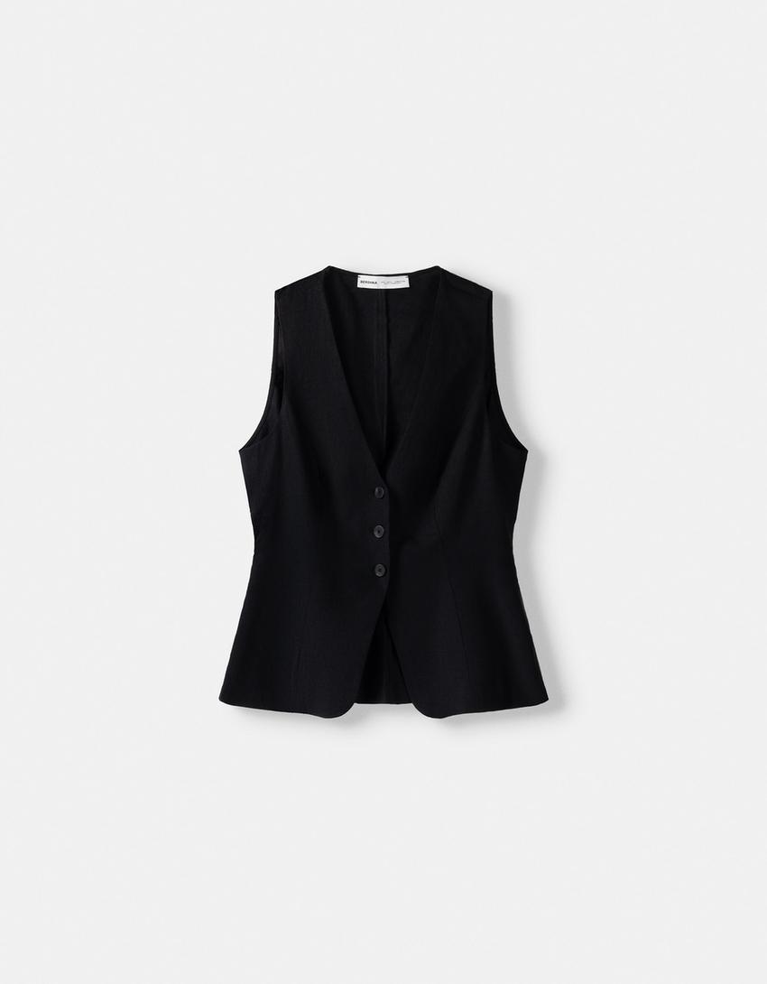 Fitted waistcoat with linen-Black-4