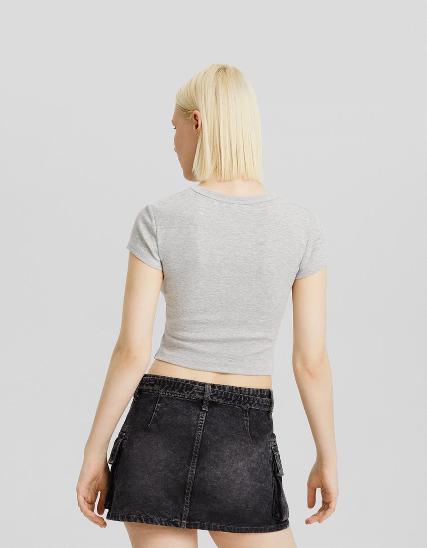 T-shirt manches courtes bord-côte imprimé-Gris-1