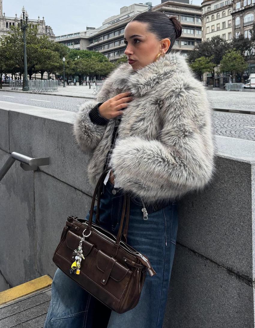 Zip-up faux fur jacket-Grey